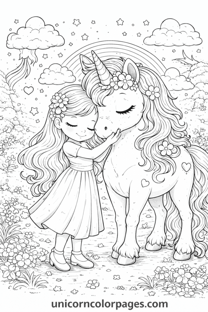 girl with unicorn coloring page black and white cute girl and unicorn printable for kids