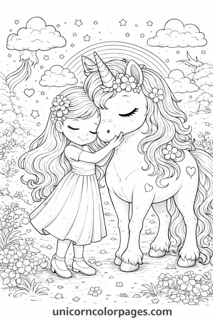 girl with unicorn coloring page black and white cute girl and unicorn printable for kids