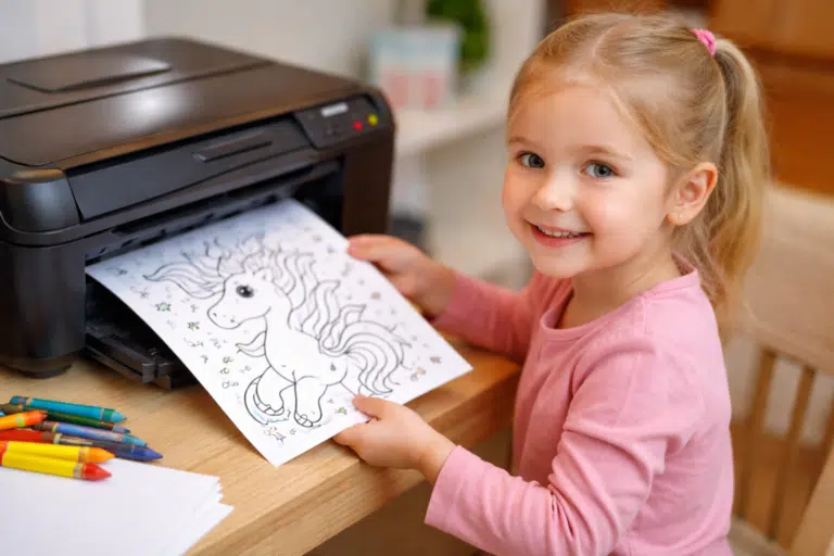 Baby printing a unicorn coloring page from a home printer