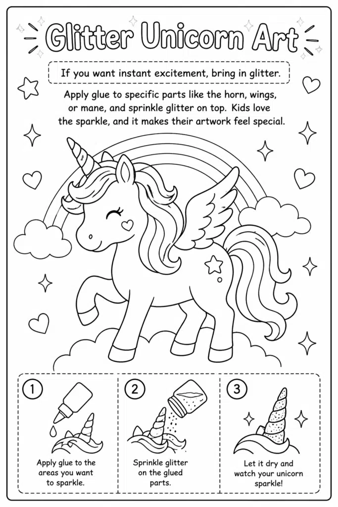 Glitter unicorn coloring page with step-by-step glue and sparkle activity