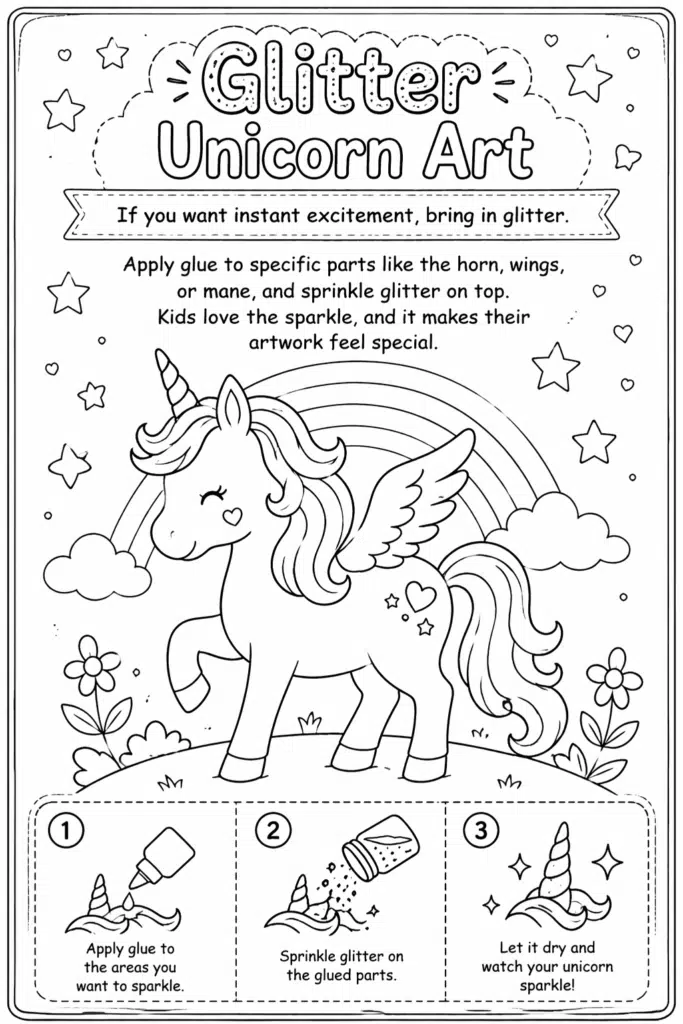 Unicorn glitter craft coloring page with easy sparkle instructions