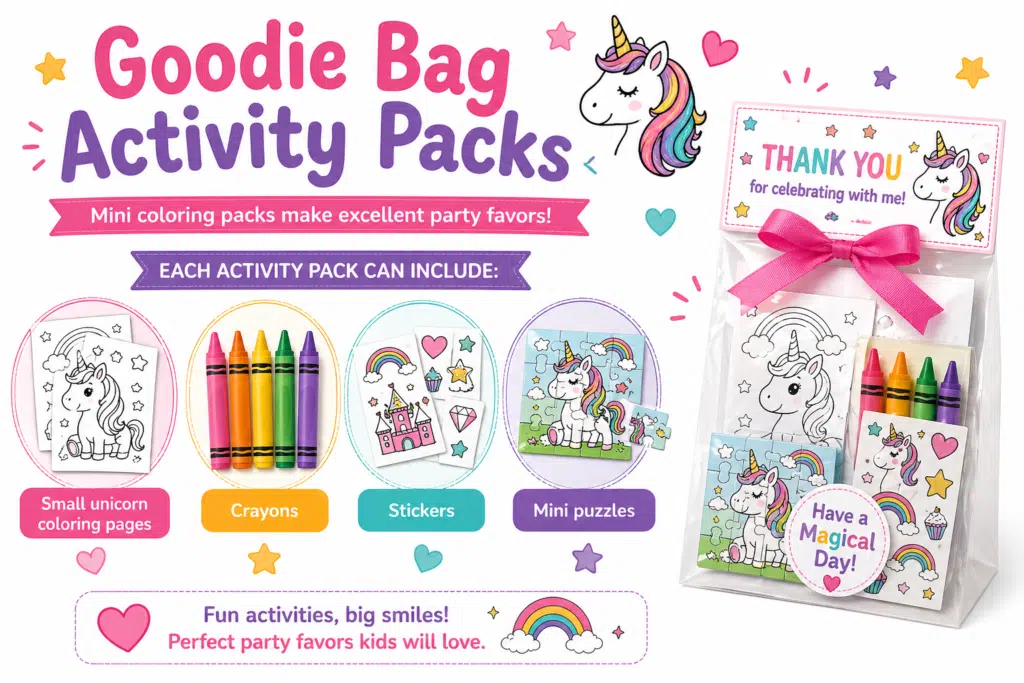 Unicorn goodie bag activity packs infographic with coloring pages, crayons, stickers, and mini puzzles on a white background.