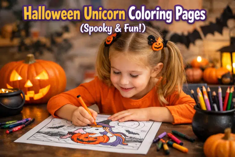 Baby girl coloring a Halloween unicorn coloring page with pumpkins and crayons