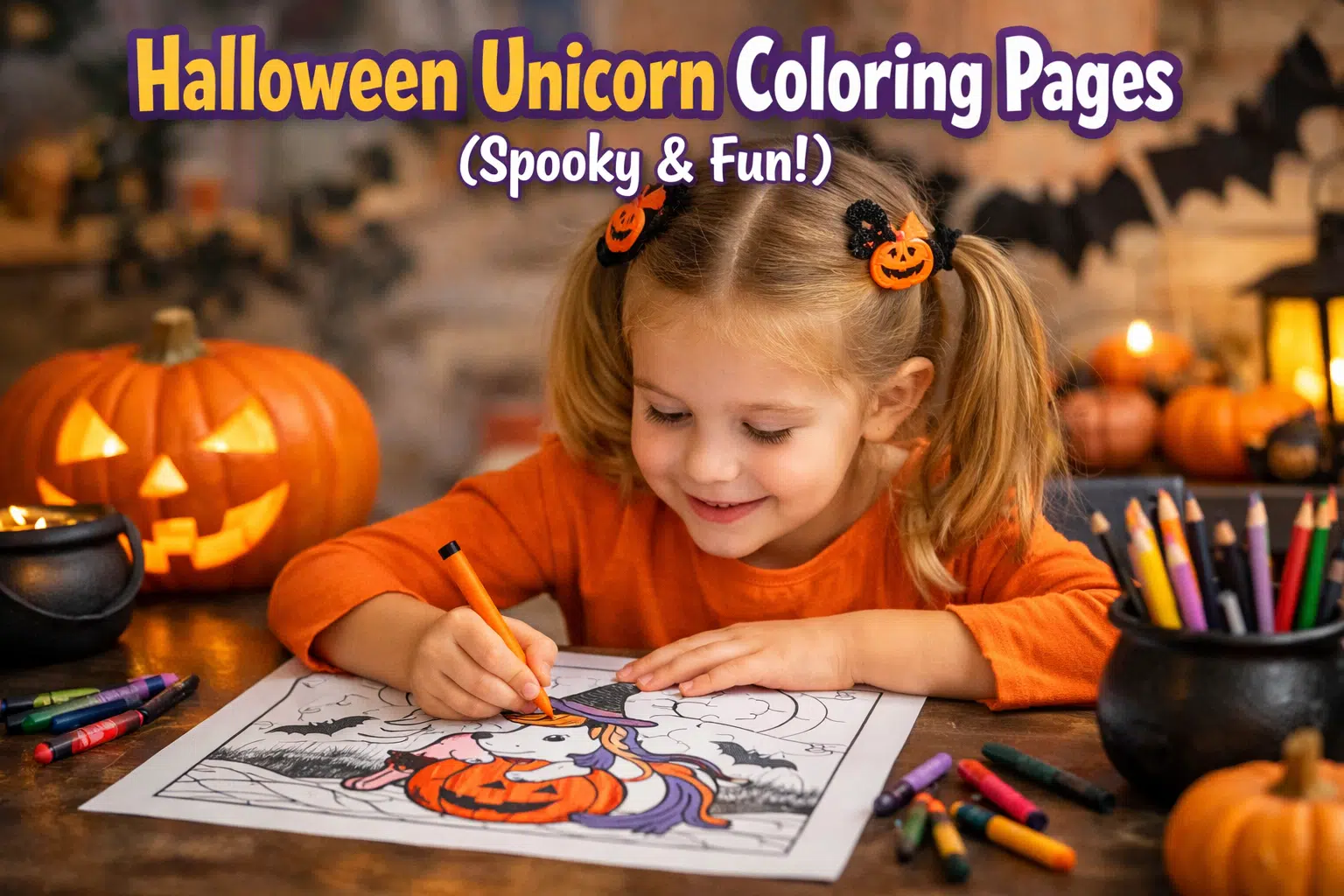 Baby girl coloring a Halloween unicorn coloring page with pumpkins and crayons