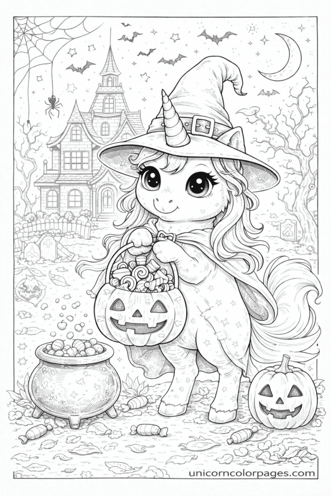 halloween unicorn coloring page printable pdf cute unicorn witch with pumpkin candy bucket haunted house background