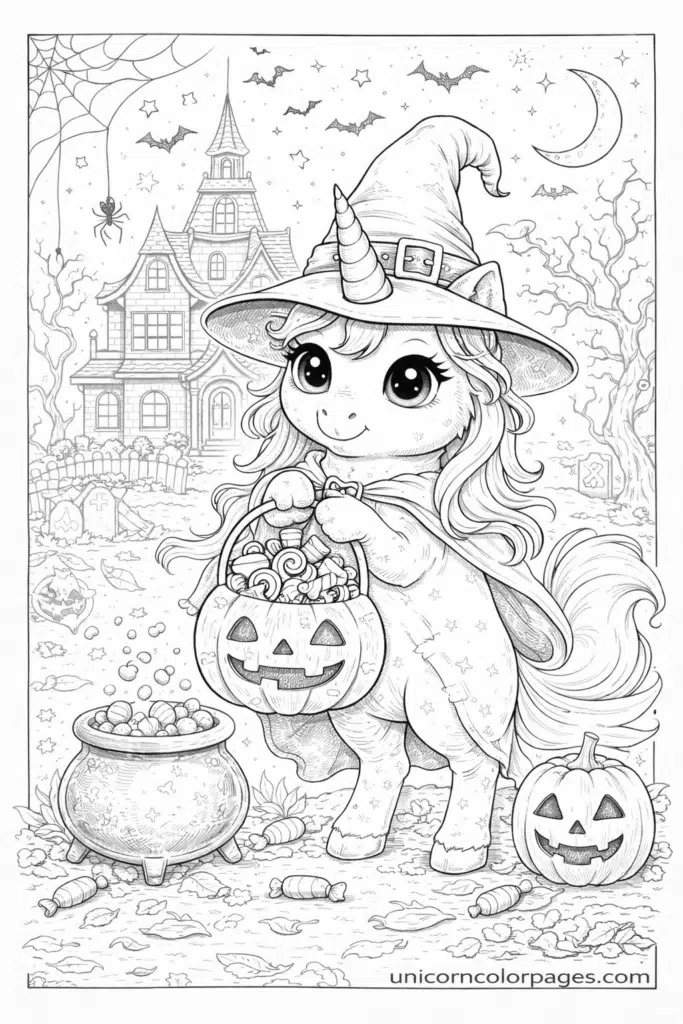 halloween unicorn coloring page printable pdf cute unicorn witch with pumpkin candy bucket haunted house background