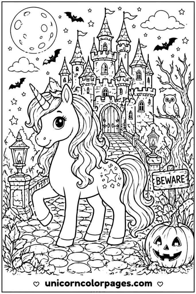 Haunted castle unicorn coloring page with cute unicorn and spooky background