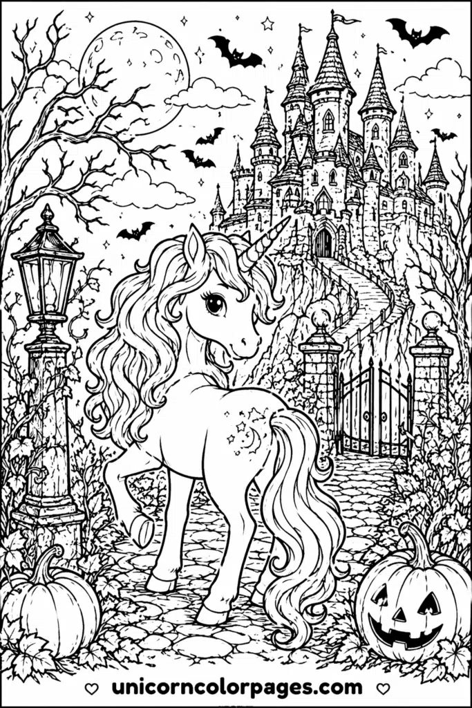 Detailed haunted castle unicorn coloring page with moon, bats, and pumpkins
