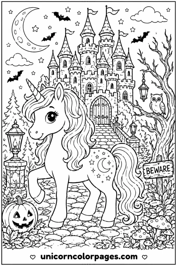 Black-and-white coloring page of a cute unicorn standing on a cobblestone path in front of a spooky castle, with bats, a crescent moon, pumpkins, and an owl nearby.
