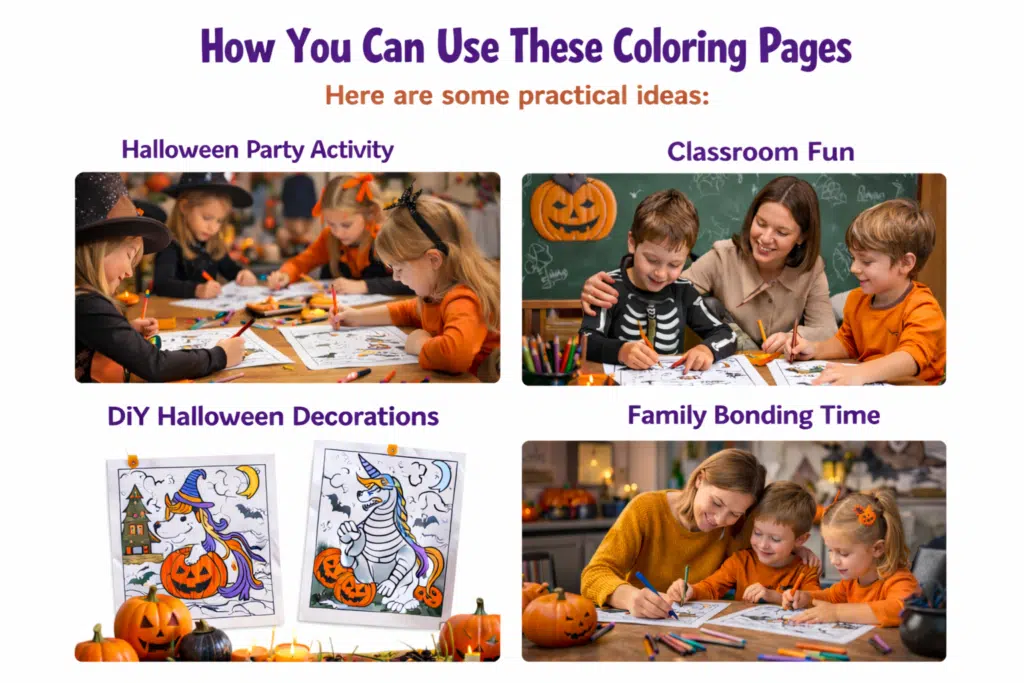 Infographic showing four ways to use Halloween coloring pages: party activity, classroom fun, DIY decorations, and family bonding.