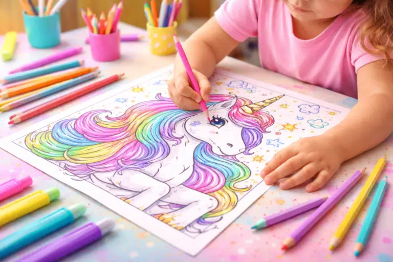 Baby coloring a unicorn coloring page with colorful pencils on a table