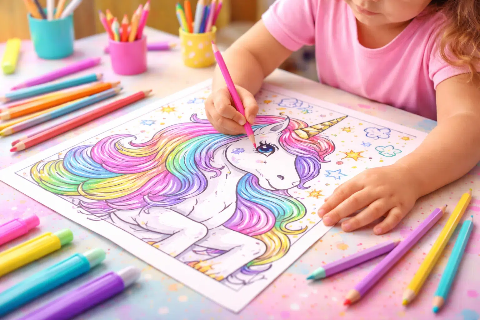 Baby coloring a unicorn coloring page with colorful pencils on a table