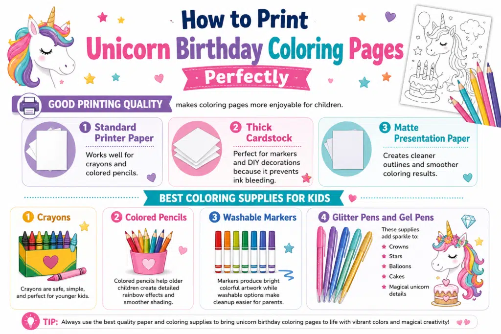 Unicorn birthday coloring pages infographic showing best paper types and coloring supplies for kids on a clean white background.