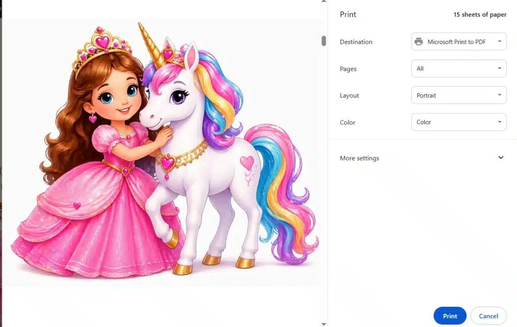 Screenshot of printing princess unicorn coloring page