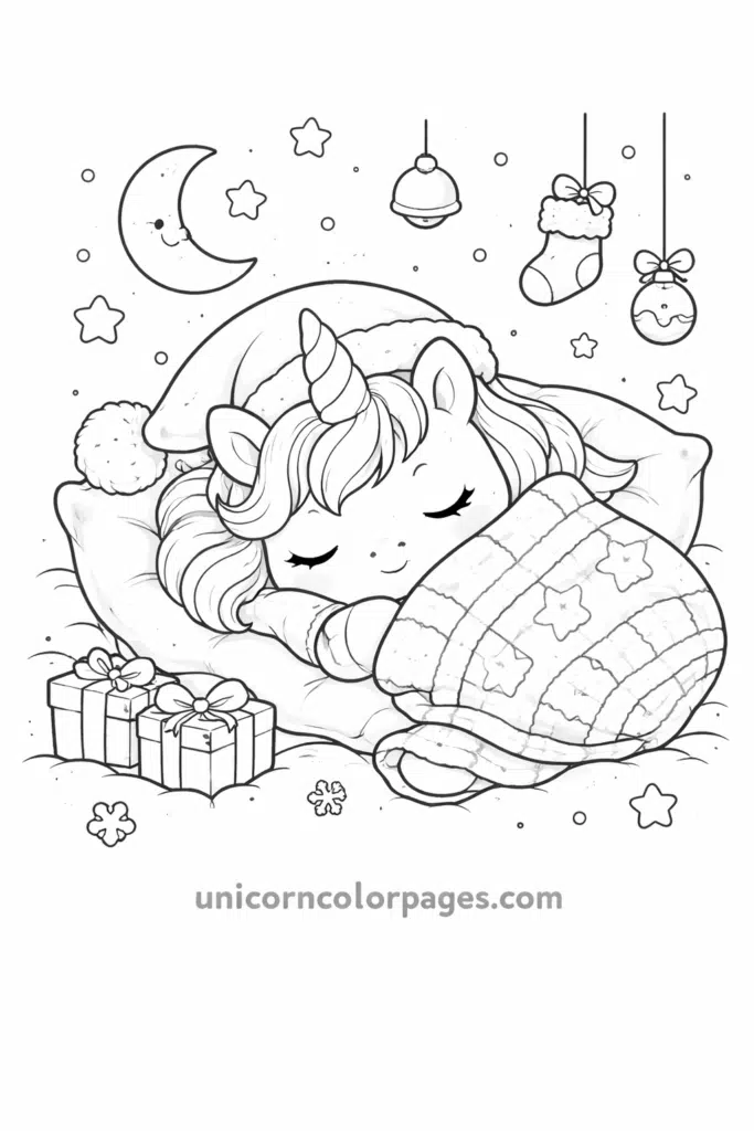 Sleeping kawaii unicorn with blanket and Christmas decorations coloring page