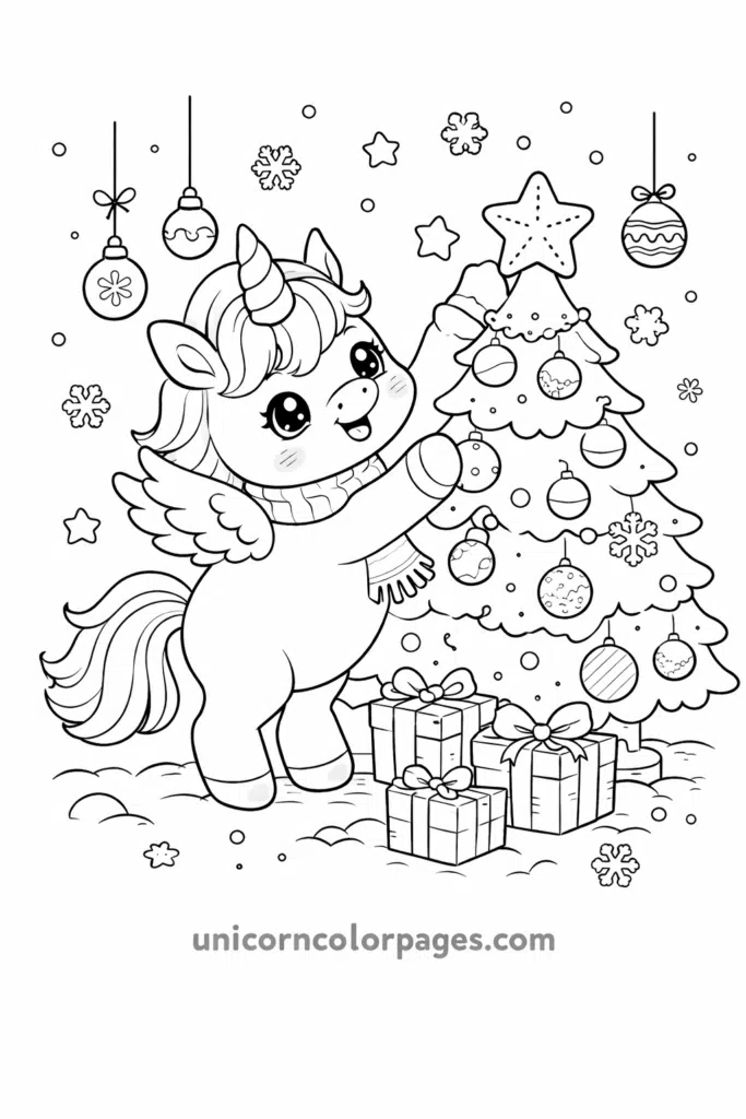 Kawaii unicorn decorating Christmas tree with ornaments and presents coloring page