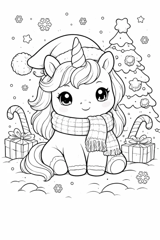 Cute chubby Christmas unicorn sitting in snow with scarf, gifts, and tree coloring page