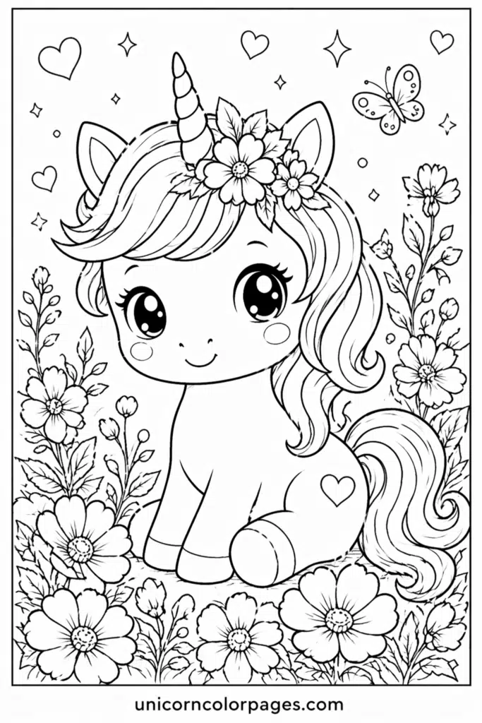 Cute unicorn coloring page with big eyes, floral crown, butterfly, and flowers around.