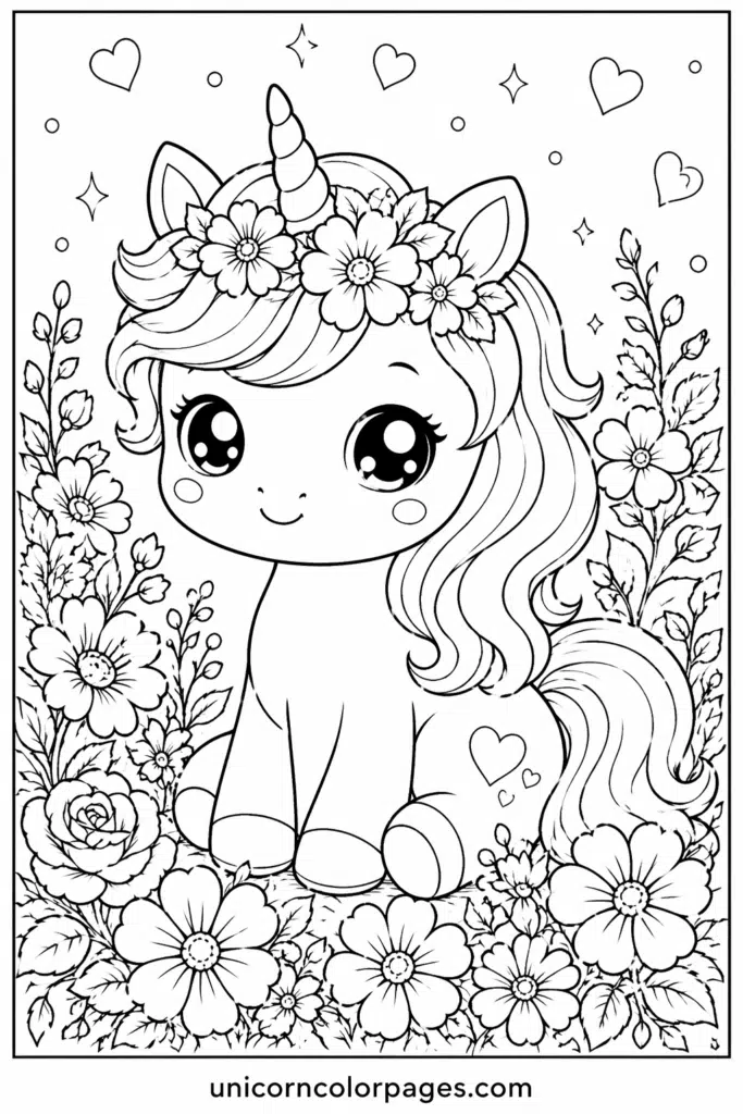 Kawaii unicorn flower garden coloring page