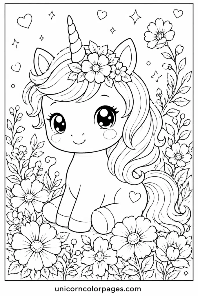 Kawaii unicorn with flowers coloring page printable