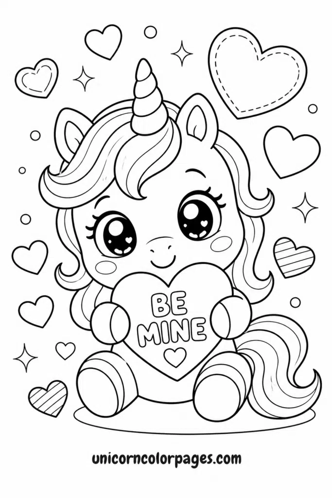 Kawaii Valentine unicorn coloring page holding a “Be Mine” heart with cute hearts and stars