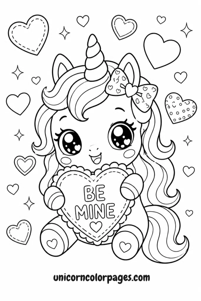 Cute kawaii unicorn with bow holding “Be Mine” heart coloring page with hearts and sparkles
