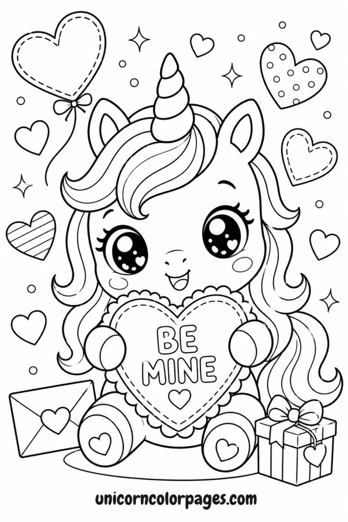 Cute unicorn holding “Be Mine” heart with balloon, gift, and hearts coloring page
