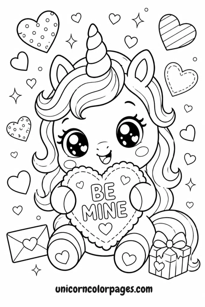 Kawaii unicorn coloring page with “Be Mine” heart, gift box, and envelope
