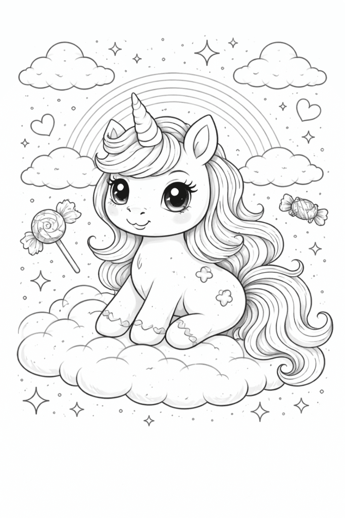 Kawaii unicorn coloring page black and white cute cartoon unicorn printable for kids