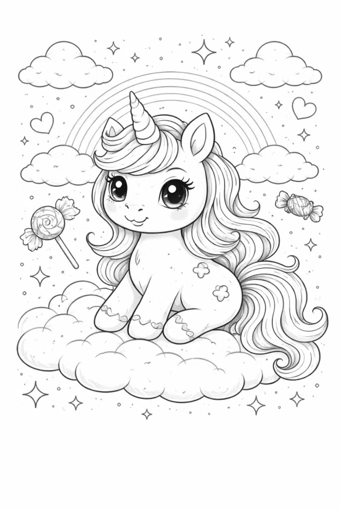 Kawaii unicorn coloring page black and white cute cartoon unicorn printable for kids