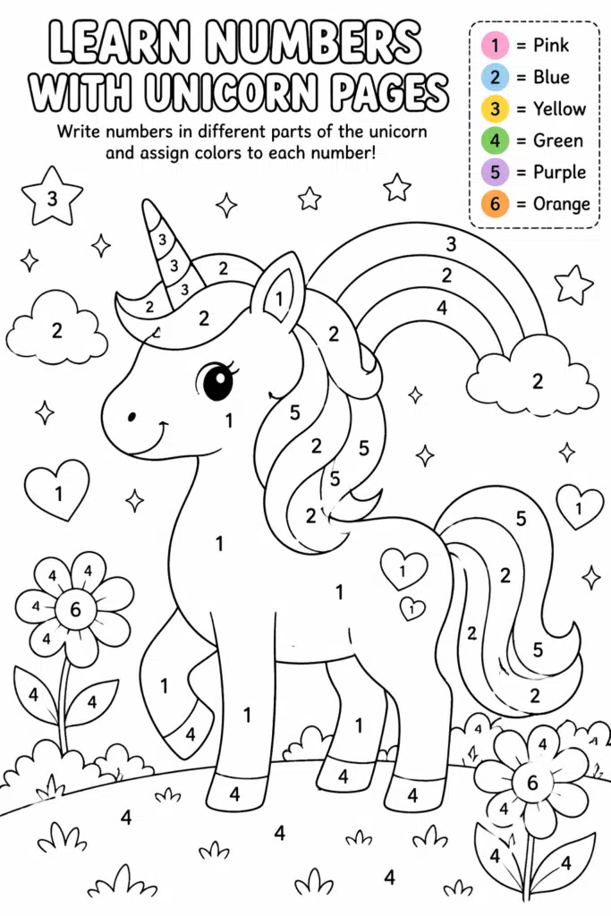 Color-by-number unicorn coloring page with numbered sections and a color key for kids.