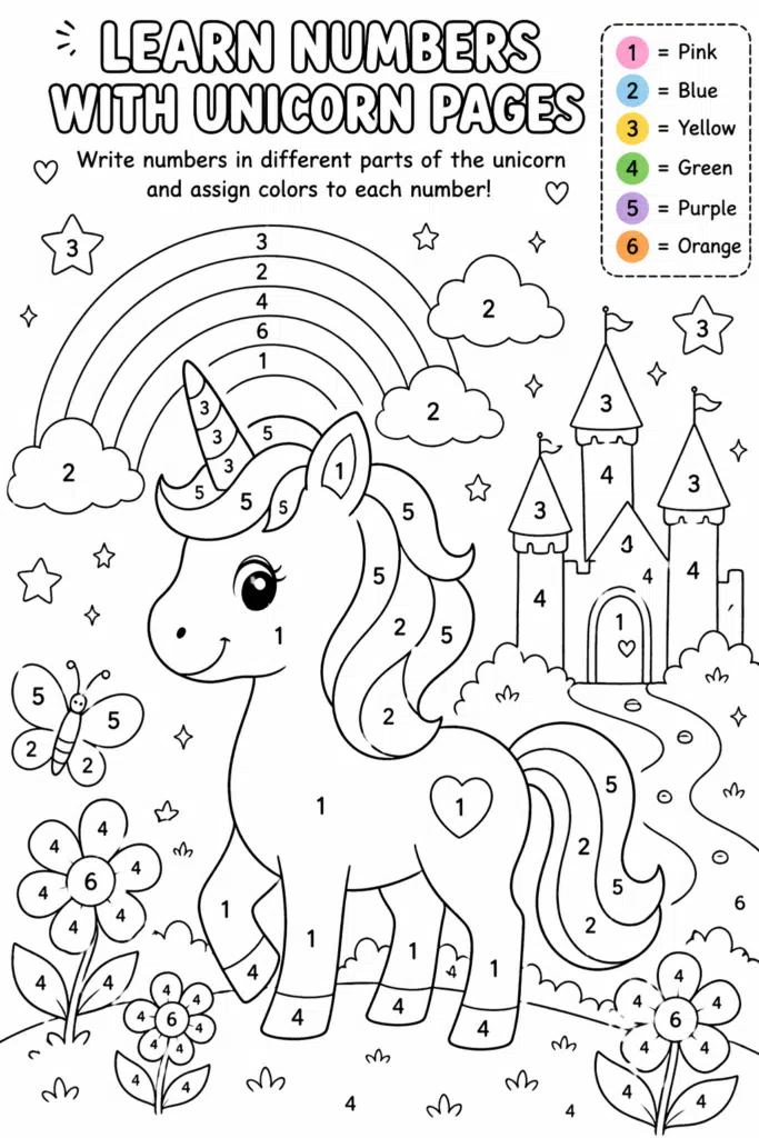 Unicorn-themed color-by-number coloring sheet with numbered areas and decorative background elements.