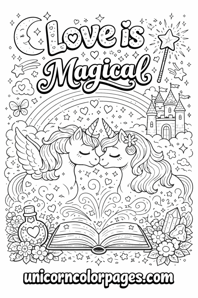 love is magical unicorn coloring pages printable with cute romantic unicorn design for kids