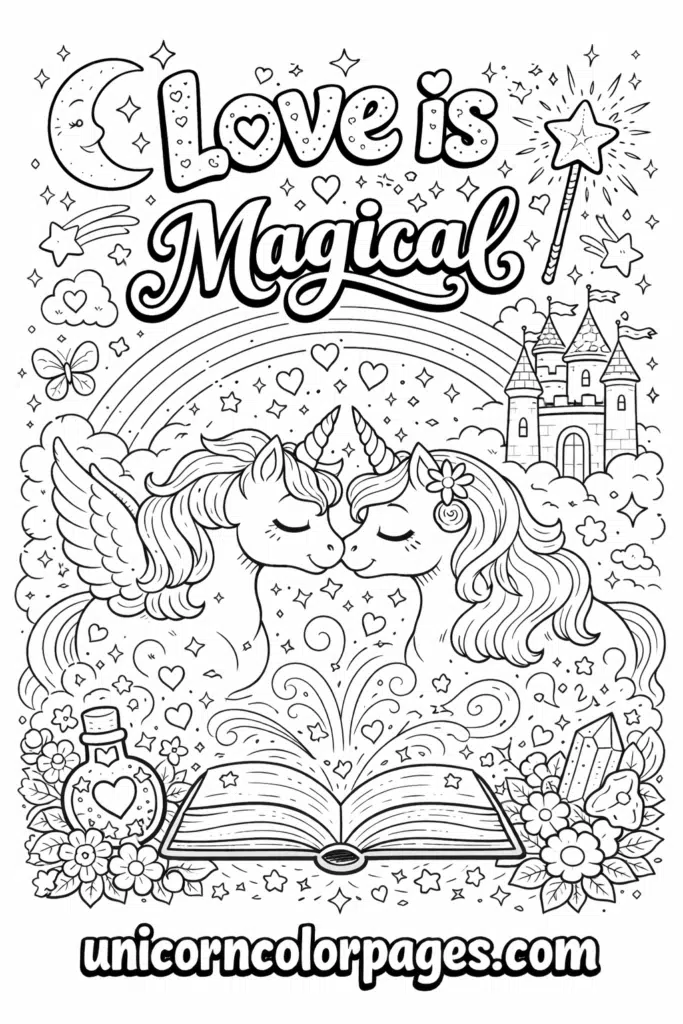 love is magical unicorn coloring pages printable with cute romantic unicorn design for kids