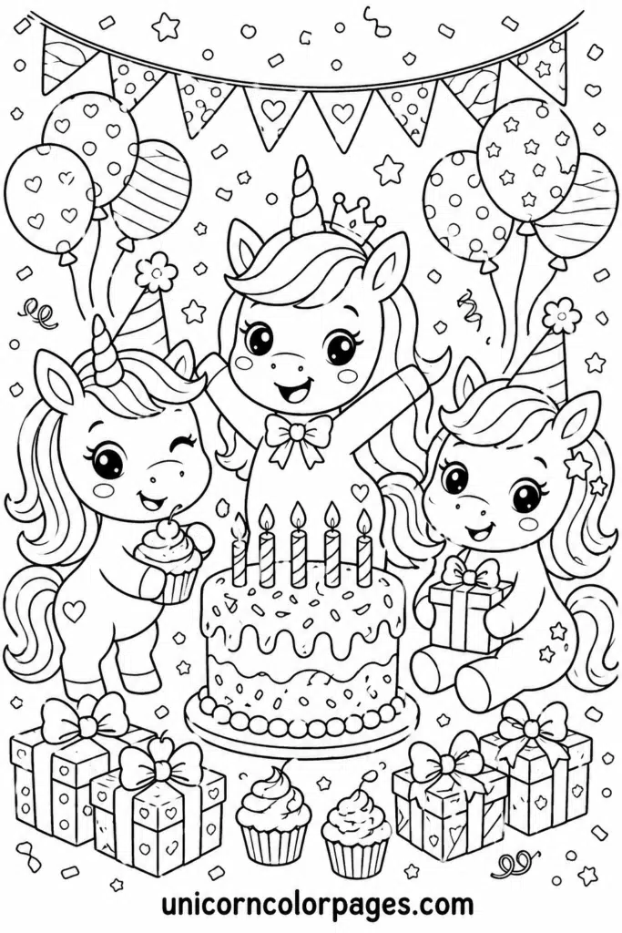 Unicorn birthday party scene with cake, balloons, gifts, and three unicorns coloring page