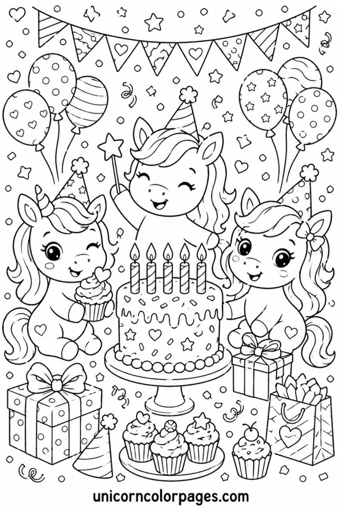 Cute unicorn friends celebrating with cake, presents, and decorations coloring page