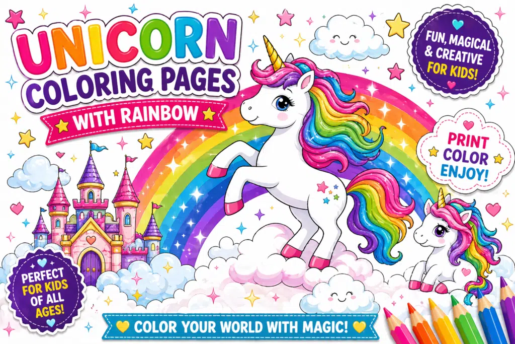 Unicorn coloring pages with rainbow clouds stars and sparkles.