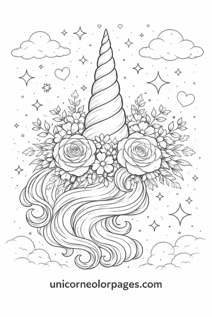 Unicorn horn coloring page printable with magical horn, stars and sparkles for kids