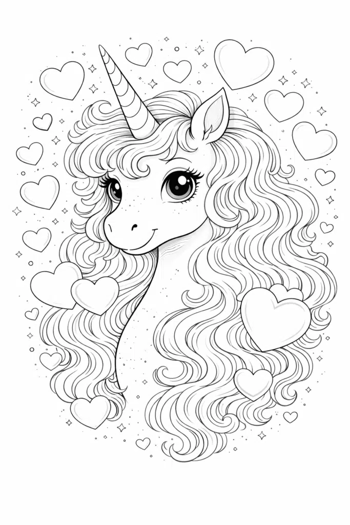 unicorn with hearts coloring page printable magical unicorn with sparkling hearts stars and rainbow unicorncolorpages.com
