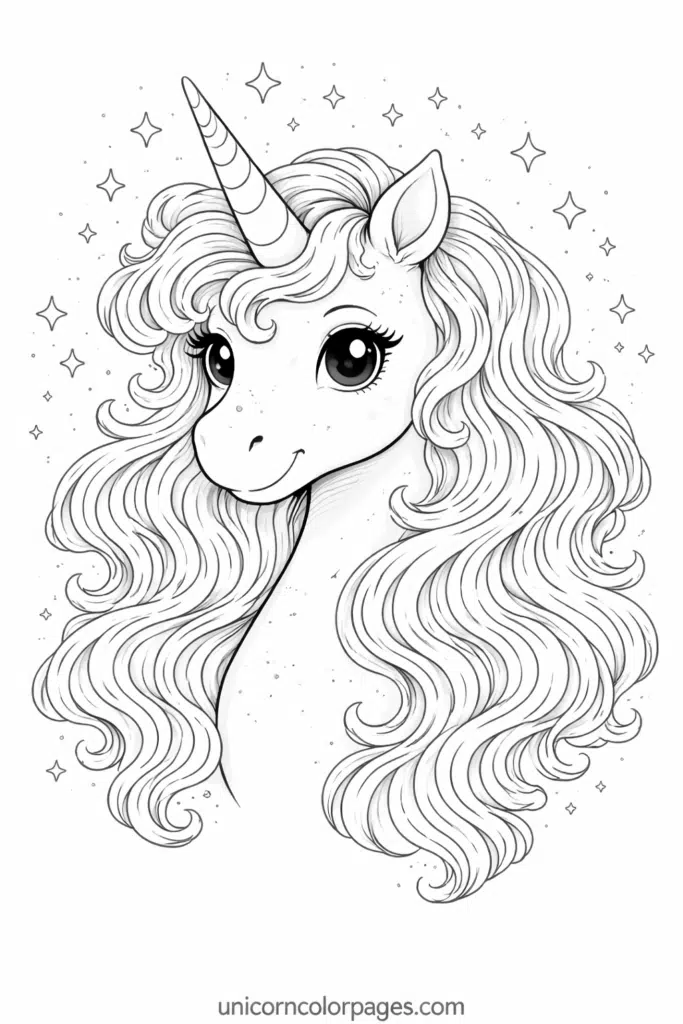 unicorn head coloring page printable majestic unicorn face close up line art with flowing mane and horn unicorncolorpages.com