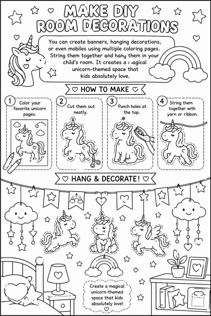 Unicorn DIY room decoration coloring page with step-by-step craft guide