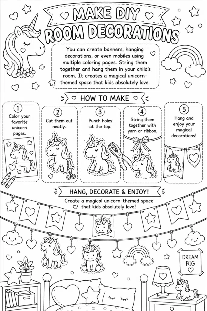Printable unicorn banner craft coloring page for kids room decor