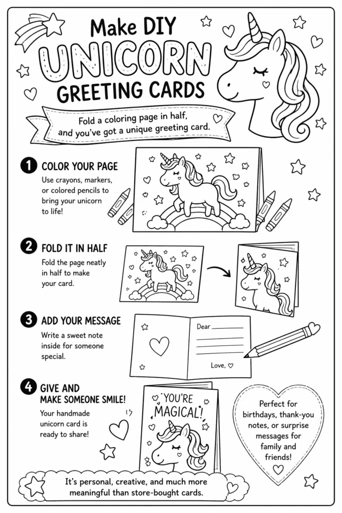 DIY unicorn greeting card coloring page with step-by-step instructions and cute unicorn illustrations