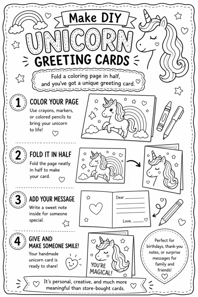Unicorn greeting card craft coloring page with fold, color, and message steps