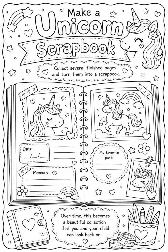 Unicorn scrapbook coloring page with open book, cute unicorn drawings, and memory notes sections.