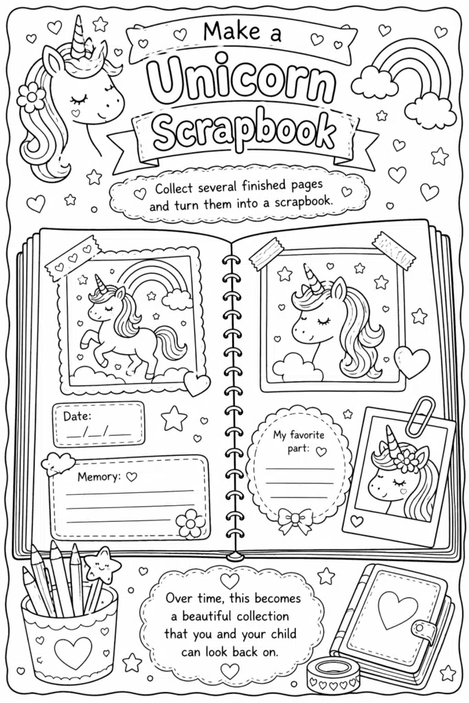 Vertical unicorn scrapbook coloring page with notebook layout, hearts, stars, and writing prompts.