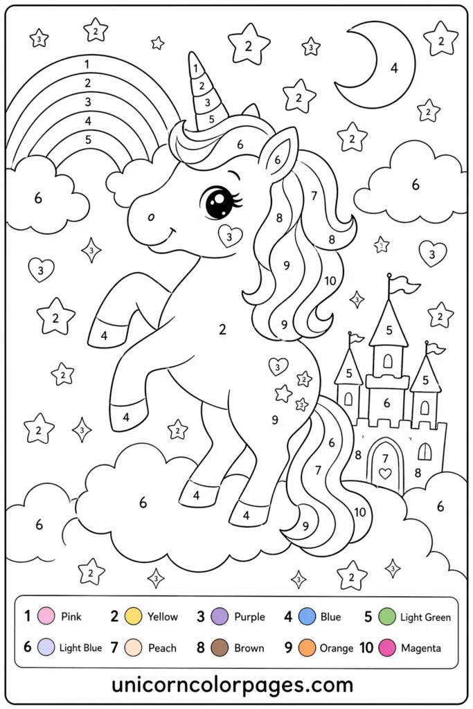 Unicorn color by number page with castle, moon, and stars for kids ages 5–7