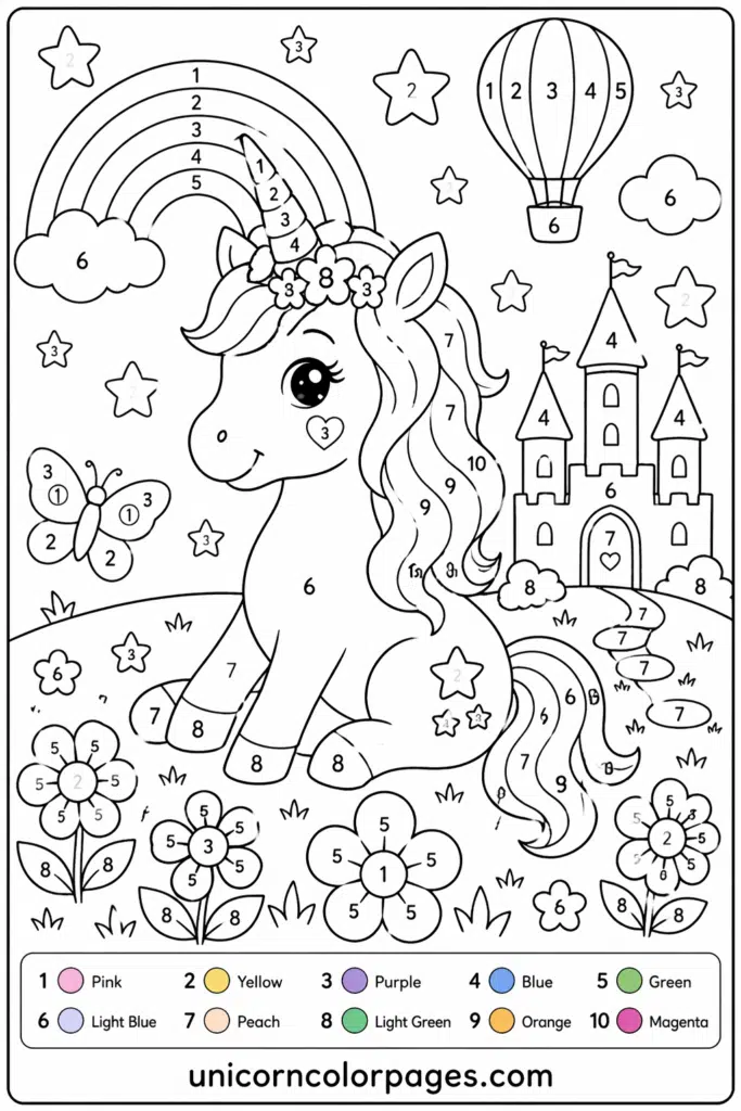 Unicorn color by number worksheet with flowers, castle, rainbow, and hot air balloon