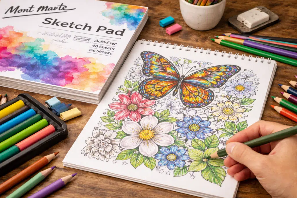 Hand coloring a butterfly and floral page on a textured sketch pad with colored pencils.