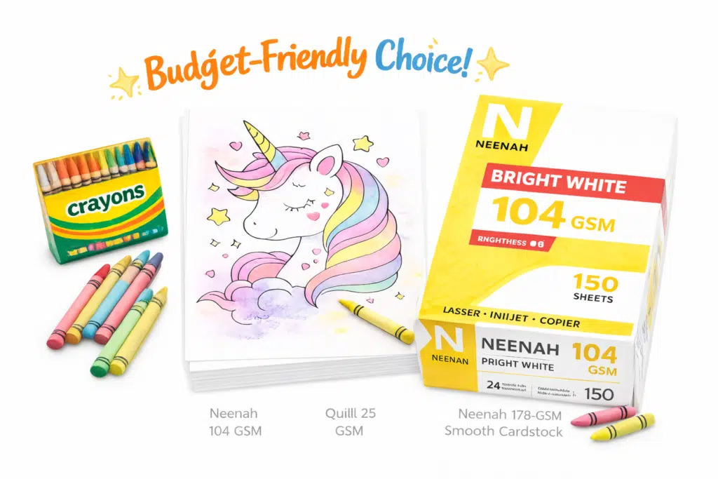 Colorful unicorn coloring page with crayons and bright white paper pack on a clean white background.